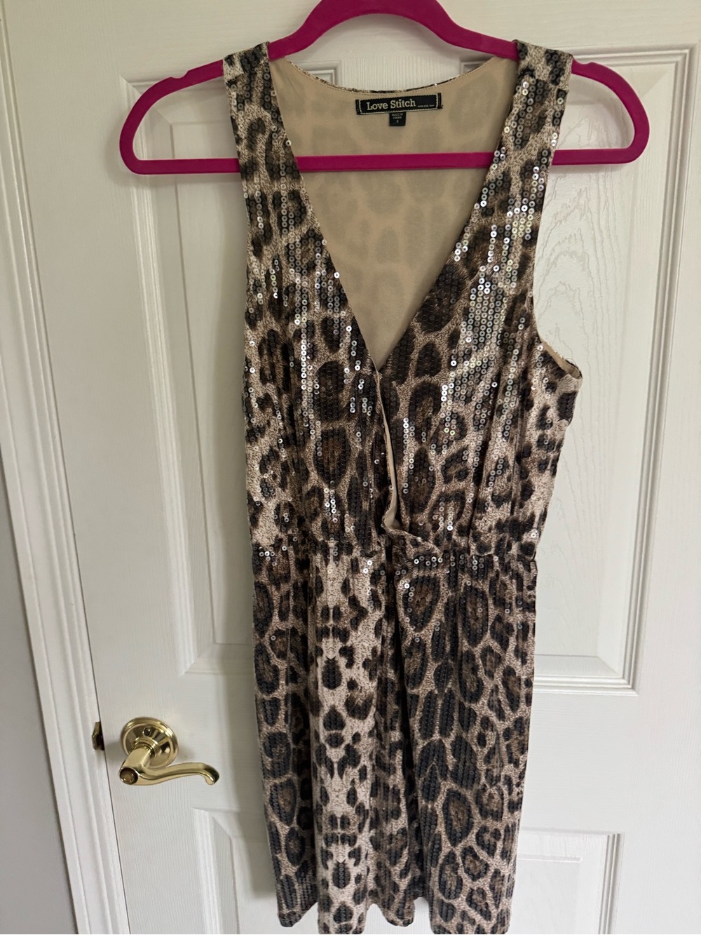 Love Stitch Leopard Sequin V-Neck Mini Dress in Beige and Brown